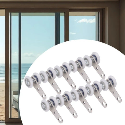 10 Pack Sliding Door Trolley Rollers For Strut Channel And Window Tracks, No Hassle Install Nylon Pulley Track Rollers displayed behind window scene