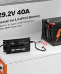 Beefed-Up 24V LiFePO4 Battery Charger, 40A Smart AC-DC Fast Charger With Anderson Connector shown charging a battery, portable mountable