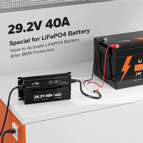 Beefed-Up 24V LiFePO4 Battery Charger, 40A Smart AC-DC Fast Charger With Anderson Connector shown charging a battery, portable mountable