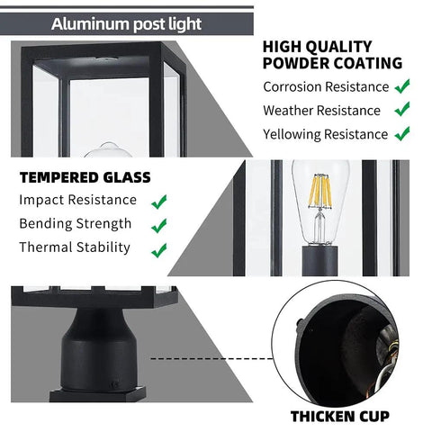 Details of Big 15 Inch Outdoor Post Light Waterproof Cast Aluminum Lamp Post Fixture, focusing on powder coating and tempered glass