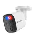 1080p Bullet Security Camera Add On With Night Vision And Motion Sensor, white body, LED lights, wall-mounted.