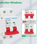 DC Miniature Circuit Breaker DZ47 63Z 500V 2 Poles 50A shown with red switches for connection status
