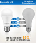 Comparison of Three Way LED Bulbs A19 E26 Base Daylight 5000K 50W 100W 150W Equivalents with incandescent bulb