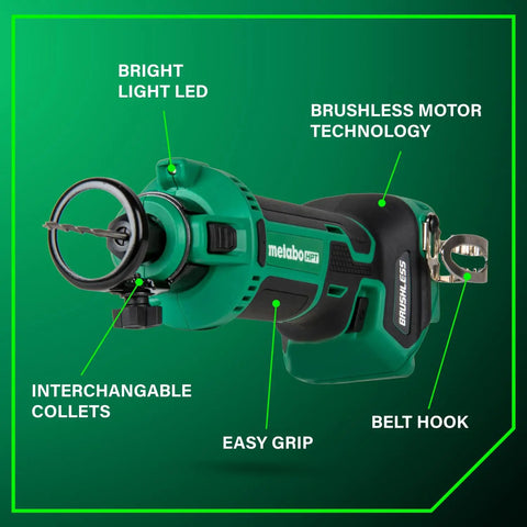 Image of 18V MultiVolt Cordless Drywall Cutout Tool With Brushless Motor, 28,000 RPM, showing ergonomic grip, LED light, belt hook, and interchangeable collets.