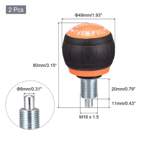 M16 Pull Pin Spring Knob For Home Fitness Equipment Height Adjustment Replacement Parts Black Orange 2 Pack shown with dimensions