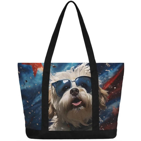 Cool Dog Sunglasses Inspired Canvas Laptop Tote For Women, Lightweight Office Briefcase Style Bag, 14.1 x 20.4 x 4.7 Inch Fits Laptop Or iPad, Travel Ready Work Bag For Bosses On The Go, featuring a dog with sunglasses.