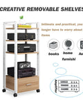 Five Tier AV Media Rack With Drawers Wooden Corner Frame Cabinet and Stereo Stand for Home Office and Studio Gear Multi Functional Storage for Printer Scanner Fax Machine Style 3 60x40x120 cm, white metal frame