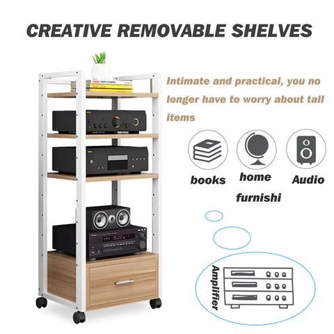 Five Tier AV Media Rack With Drawers Wooden Corner Frame Cabinet and Stereo Stand for Home Office and Studio Gear Multi Functional Storage for Printer Scanner Fax Machine Style 3 60x40x120 cm, white metal frame