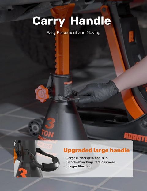 Close-up of ROADTEK 3-ton jack stand with orange post and black base; adjustable height for SUV, truck or car.