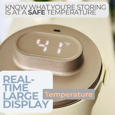 Road Trip Ready Breast Milk Cooler With Digital Temp Gauge displaying safe temperature for breastmilk storage.