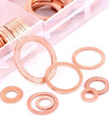Copper Washer Set 300 Piece Flat Ring Assortment Kit With 12 Size Range M5 M20 High Conductivity Copper Washers in open storage case