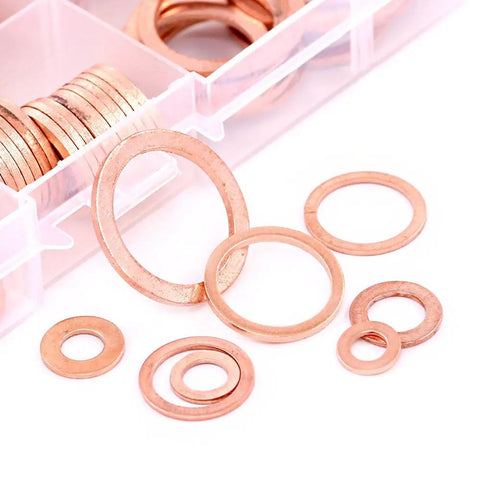 Copper Washer Set 300 Piece Flat Ring Assortment Kit With 12 Size Range M5 M20 High Conductivity Copper Washers in open storage case