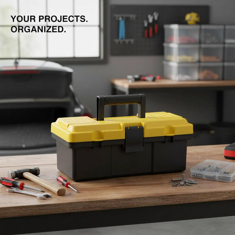 Compact Portable Toolbox With Handy Carry Handle For Tools And Hardware Durable PP Storage Box For Screws Nails And Small Parts Ideal Car Trunk Or Garage Organizer For Home DIY And Workshop Grab And Go on workbench