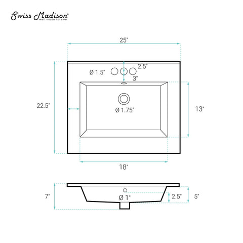 Diagram of Voltaire Vanity Top Sink With Three Hole Center Set Faucet Mount Drop In Install Glossy White Finish dimensions.