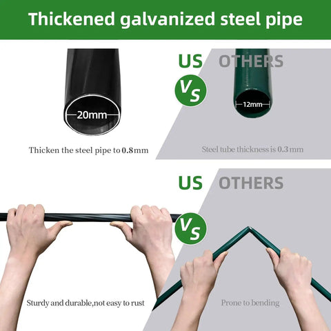 Comparison of 20mm thickened galvanized steel pipe for Adjustable Garden Arch Trellis 4.9x8.5 Ft Metal Outdoor Arbor, illustrating durability.