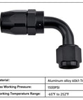 10AN 90 Degree Swivel Hose End Fitting for CPE Braided Hose Black 7/8-14 UNF Aluminum 6061-T6 displayed with specifications.