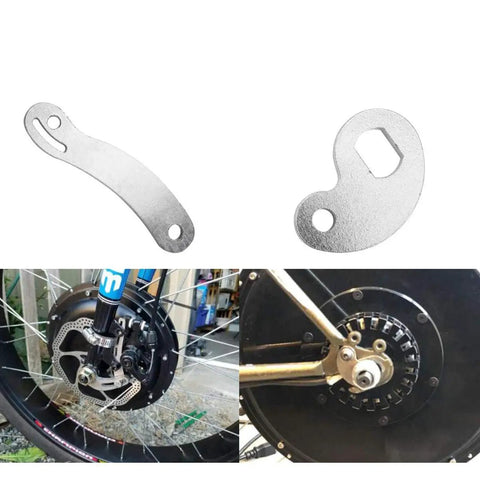 Universal Steel Torque Arm For E Bike Hub Motors And Mid Drive Front Or Rear Install Heavy Duty Electric Bicycle Accessory Kit With Hub Mount Clamp Ready To Install steel torque arm kit with hub mount clamp, installed on front and rear e-bike axles