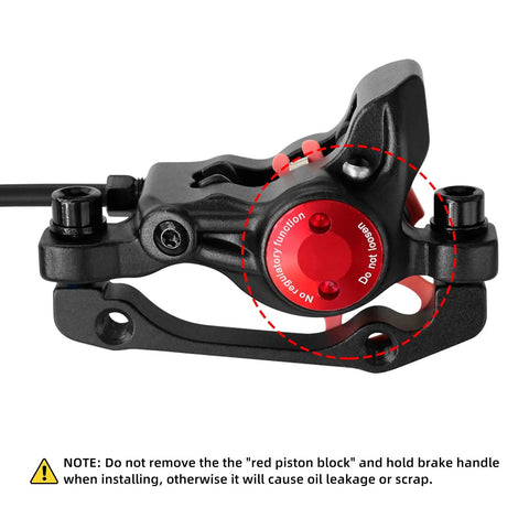 Zoom Hb875E Ebike Hydraulic Disc Brake Upgrade Kit With 160mm Rotors And Pre-Bled Mineral Oil Dual Piston Calipers close-up of caliper with red piston block.