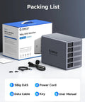 Heavy Duty Five Bay Hard Drive Enclosure USB 3.0 SATA External HDD Cage For 3.5 And 2.5 Inch SSD Supports Up To 110TB Packaging and accessories.
