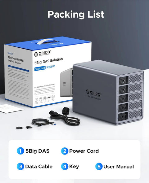 Heavy Duty Five Bay Hard Drive Enclosure USB 3.0 SATA External HDD Cage For 3.5 And 2.5 Inch SSD Supports Up To 110TB Packaging and accessories.