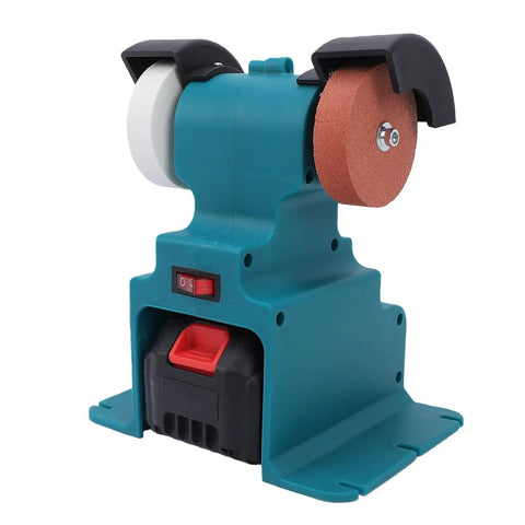 Estink Cordless Mini Bench Grinder With Two 4000Mah Batteries Provides 7000Rpm Of Power For Sharpening Tools And Polishing Metal Or Wood. This Compact Desktop Grinding Machine Is Perfect For Diy Workshop Projects. A Versatile, Battery Operated Tool That side view showing wheels and portable design.