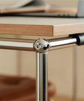 Close-up of Compact Rolling Home Office Desk Featuring Smooth Universal Casters And Built In Keyboard Shelf for gear stash.