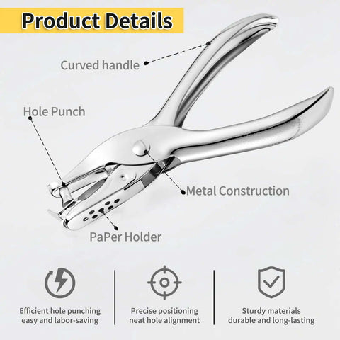 Durable 1/4 Inch Single Hole Puncher With 8-Sheet Capacity For Crafts showing ergonomic steel construction and paper holder