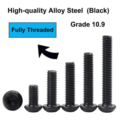 Top Notch Grade 10.9 Socket Bolts, Assorted Button Head Torx Screws With T25 Wrench, Fully Threaded M5 Machine Screws Set, Black Oxide Coated.