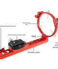 Red Cross Shaped Dovetail Saddle With Quick Release Rails For Telescopes; photography ring, black camera plate visible.