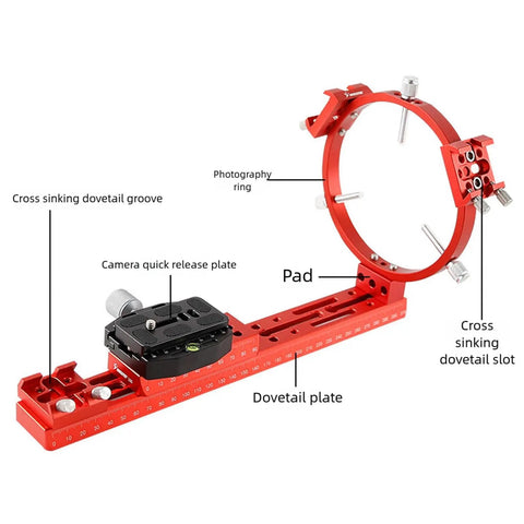 Red Cross Shaped Dovetail Saddle With Quick Release Rails For Telescopes; photography ring, black camera plate visible.