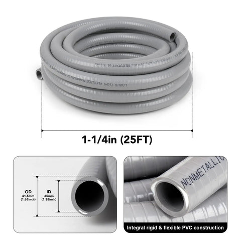 Coiled 1-1/4 inch flexible liquid tight conduit kit, 25-foot PVC, ideal for non-metallic electrical wiring installations, easy wire pull