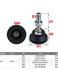 Beefy Adjustable Lathe Leg Leveling Feet Kit With 60mm Diameter Threaded Pads showing dimensions and compatible post sizes