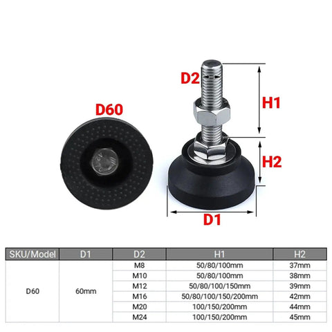 Heavy Duty Adjustable Leveling Feet With Swivel Base And Thread Design To Lock Down Wobbly Furniture And Appliances Featuring Thick Rubber Trim With Super Grippy Non Slip Protection, showing dimensions and design.