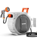 Retractable Garden Hose Reel Wall Mount 100 Ft Hose With Five Eighth Inch Diameter, Heavy Duty System, visible with hose and nozzle