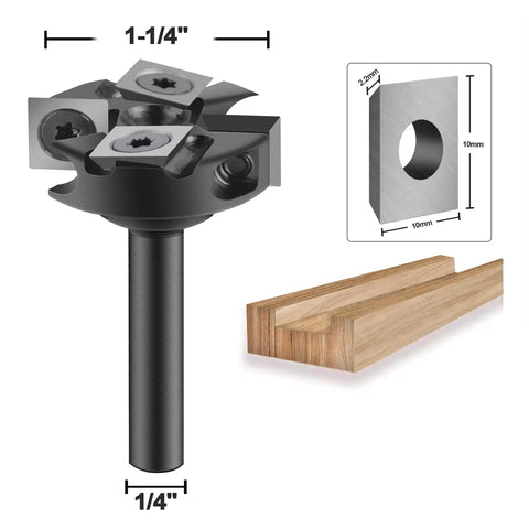 1/4 Inch Shank Spoilboard Surfacing Router Bit With 1-1/4 Inch Cutting Diameter And 2 Plus 2 Inserts next to wood slab