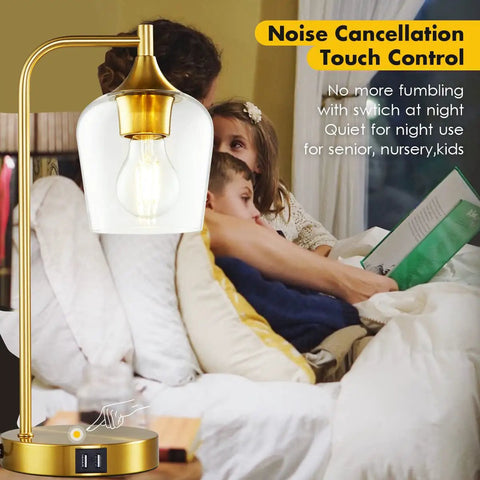 Gold Industrial Table Lamp with USB Charging, Dimmable Touch Control, Bell-Shaped Glass Shade, Bedroom Setting