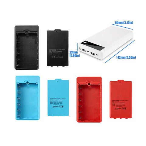 Rugged Six Slot Battery Enclosure With Real Time Digital Display For Portable Road Trips And Campouts Plug And Play Usb Charger Case, showing black, blue, and red battery cases.