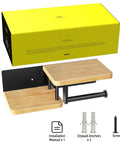 All In One Toilet Paper Holder With Shelf And Wall Mount Wood And Black Stainless Steel Double Tier Bathroom Organizer, box and hardware