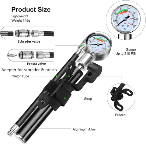 All In One Bike Repair Kit With 210 PSI Mini Pump featuring gauge, Schrader Presta valves, aluminum alloy, and lightweight design.