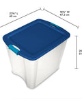 Heavy Duty Clear Plastic Storage Bins Twelve Pack With Tight Latch Lids And Solid Grip Handles showing 23.5 inch long container with blue lid.