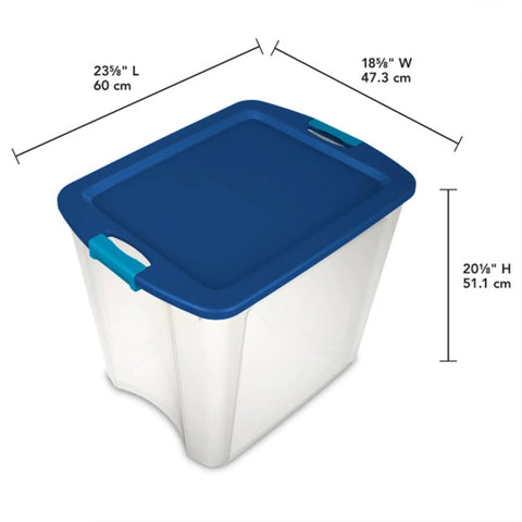 Heavy Duty Clear Plastic Storage Bins Twelve Pack With Tight Latch Lids And Solid Grip Handles showing 23.5 inch long container with blue lid.