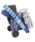 Beach Cart With Big Sand Wheels For Easy Sand Haul Wide Wheel Wagon Includes Insulated Cooler Bag Body Board And Umbrella Holder 100 Lb Capacity Quick Setup Preassembled PP Wheels Perfect For Beach Days loaded with beach gear.