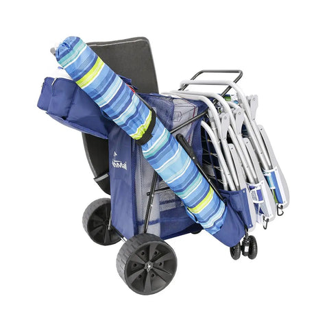 Beach Cart With Big Sand Wheels For Easy Sand Haul Wide Wheel Wagon Includes Insulated Cooler Bag Body Board And Umbrella Holder 100 Lb Capacity Quick Setup Preassembled PP Wheels Perfect For Beach Days loaded with beach gear.