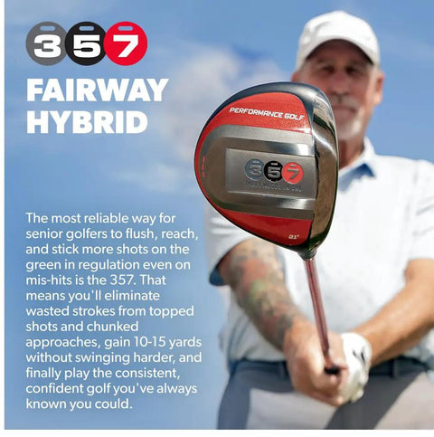 Senior golfer holding 357 Fairway Hybrid 21 Degree Loft For Seniors Right Handed Delivers Distance Of A 3 Wood With The Ease Of A 7 Wood