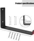 Black Heavy Duty Shelf Brackets 2 Pack Badass J Brackets With Lip For DIY Floating Shelves Industrial Wall Mount Epoxy Coated Iron Braces Rustproof Steel Corner Supports Rock Solid Home Organization 8 Inch specifications with dimensions.