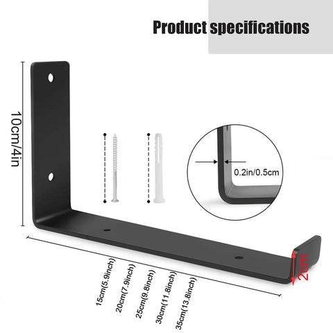 Black Heavy Duty Shelf Brackets 2 Pack Badass J Brackets With Lip For DIY Floating Shelves Industrial Wall Mount Epoxy Coated Iron Braces Rustproof Steel Corner Supports Rock Solid Home Organization 8 Inch specifications with dimensions.