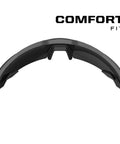 Top view of Vision Type E Safety Glasses With Anti Fog Coating, Scratch Resistant Smoke Lens, lightweight gray half frame, adjustable arms.