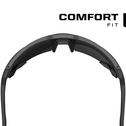 Top view of Vision Type E Safety Glasses With Anti Fog Coating, Scratch Resistant Smoke Lens, lightweight gray half frame, adjustable arms.