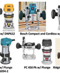 Various plunge base routers including Dewalt, Bosch, Makita, PC 450, and Ridgid models, displayed side by side.