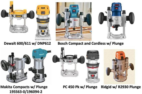 Various plunge base routers including Dewalt, Bosch, Makita, PC 450, and Ridgid models, displayed side by side.